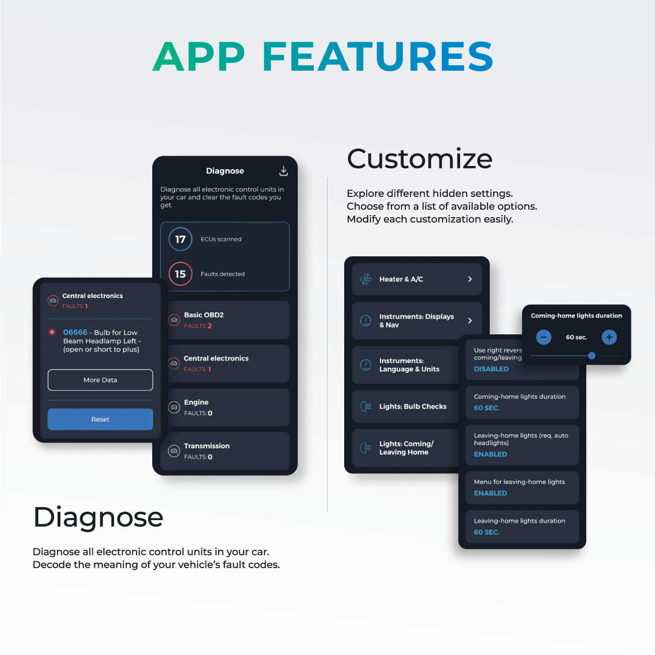 Carista app screens showing diagnostic fault codes and customizable vehicle settings like lights and HVAC
