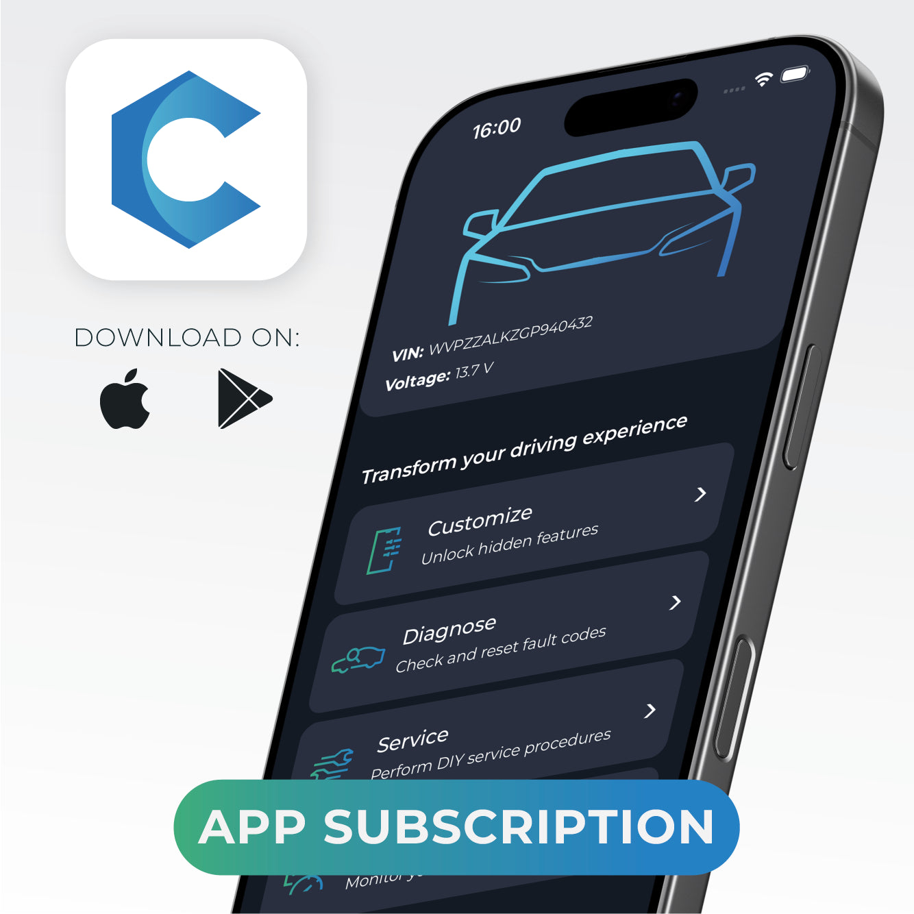Smartphone showing Carista app interface with features like Customize, Diagnose, and Service, alongside app download icons