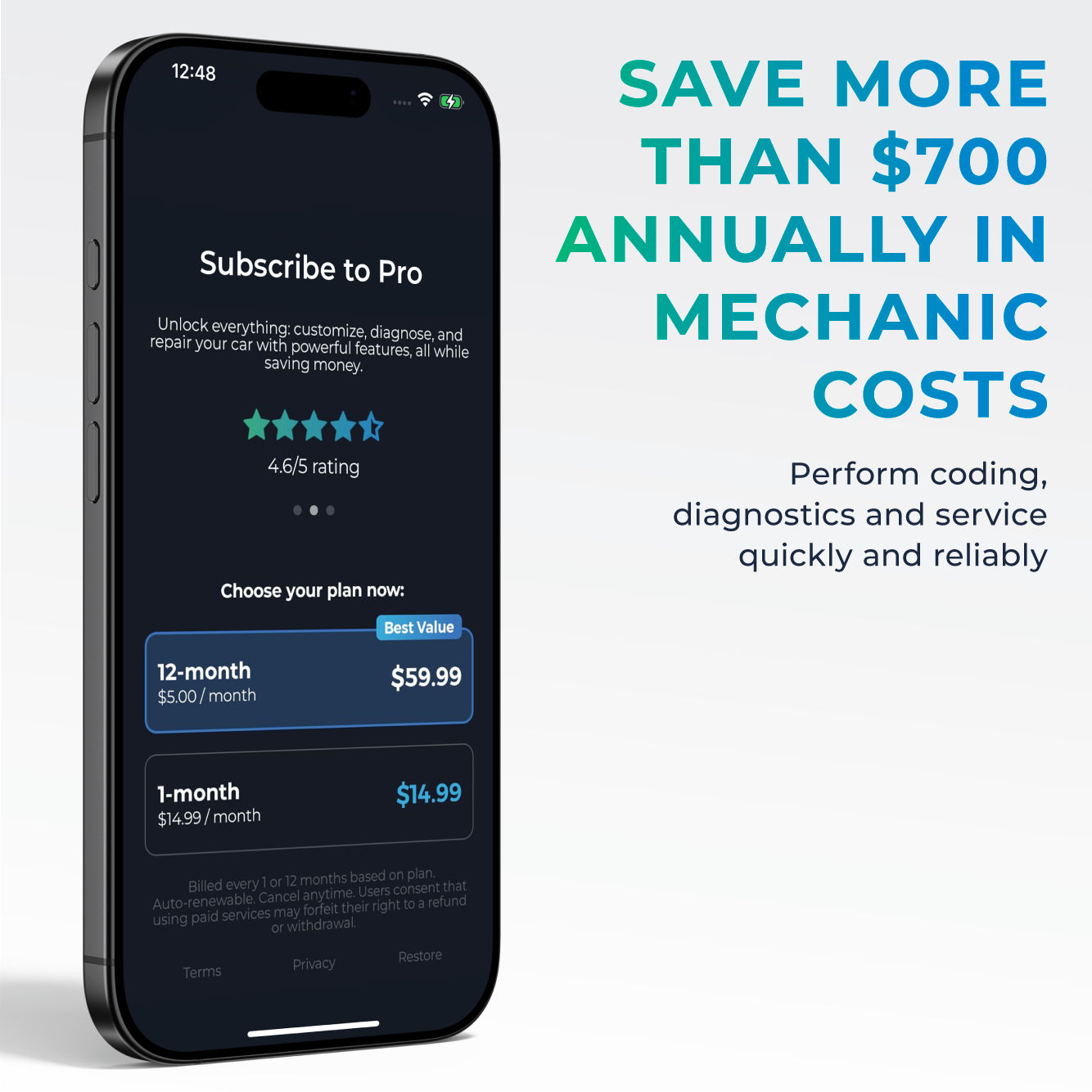 Mobile phone displaying Carista OBD2 App Pro subscription plans with text promoting $700 annual savings on mechanic costs